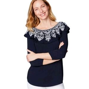 J.Jill navy embroidered flounce ruffle cotton blend top with 3/4 sleeves XL
